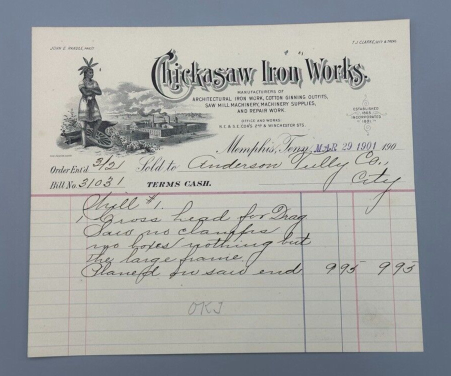 1901 CHICKASAW IRON WORKS Letterhead COTTON GIN Antique Farm Advertising MEMPHIS