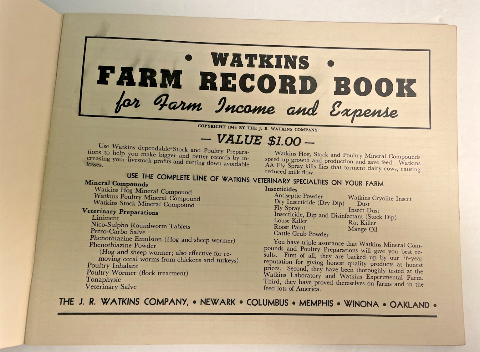 1944 Farm Record Book Income Expense Breeding Table Feed Seed Stock J R Watkins
