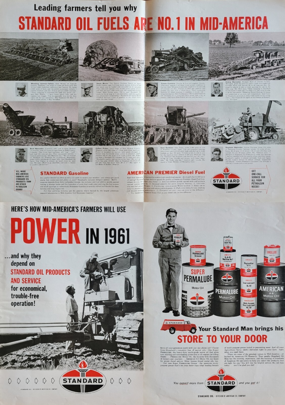 Standard Oil Fuels, Tractors-Combines Vintage 1961 Farm Agricultural Magazine Ad