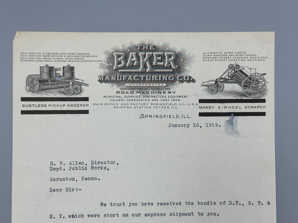 1919 BAKER ROAD MACHINERY Scraper Antique Advertising SPRINGFIELD IL Letter