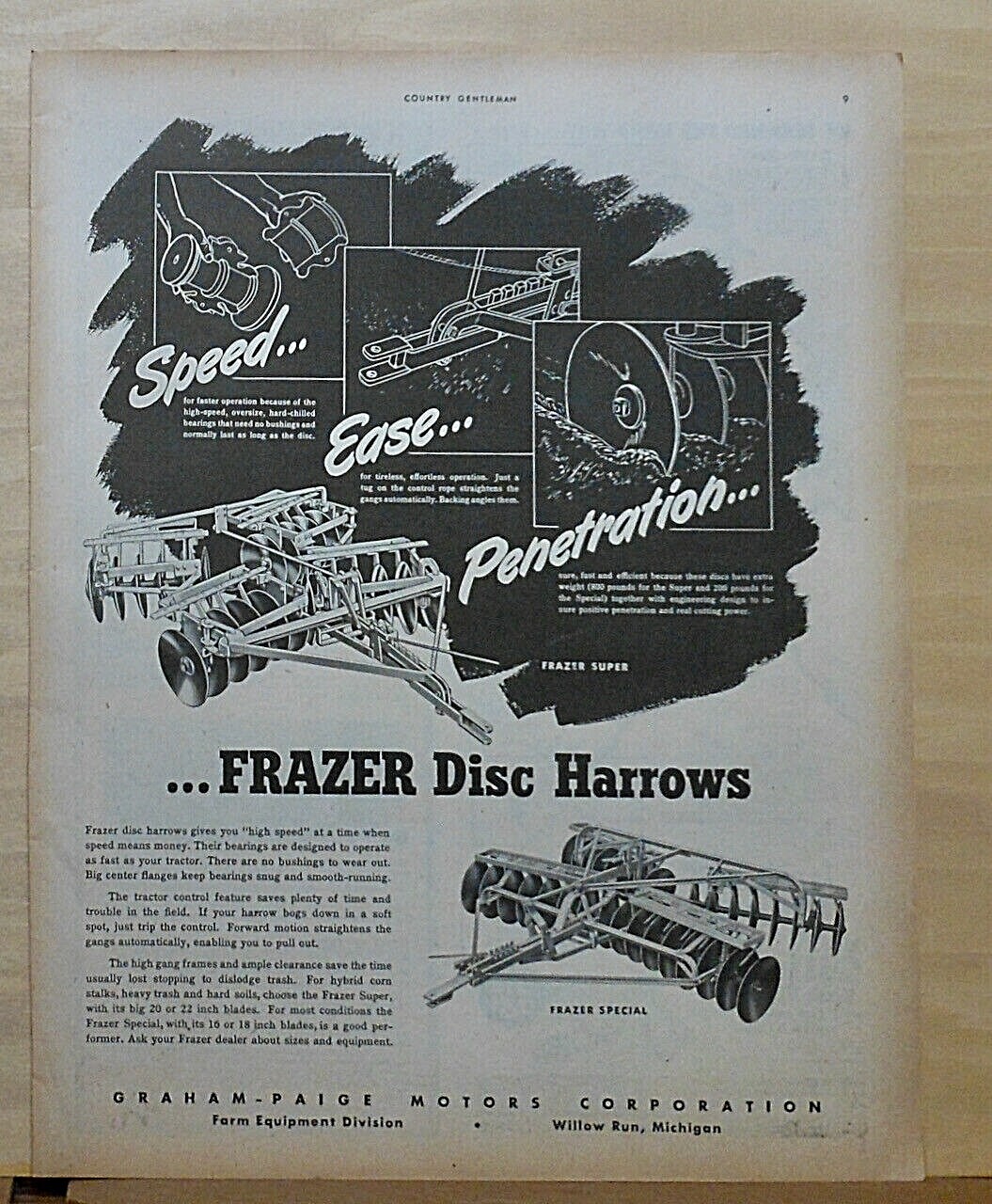 1946 magazine ad for Ferguson Disc Harrows – Speed, Ease, Penetration
