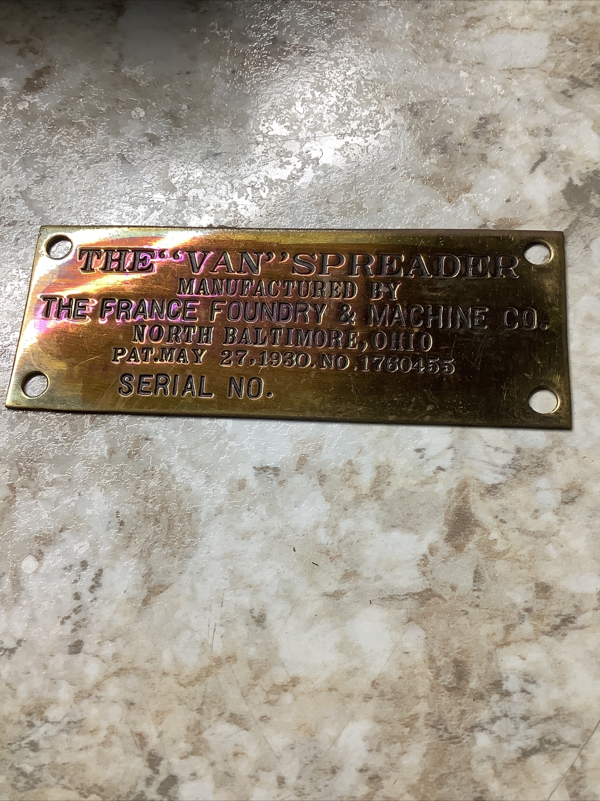 The “Van” Spreader France Foundry Brass Tag North Baltimore,Ohio NOS (ST223)