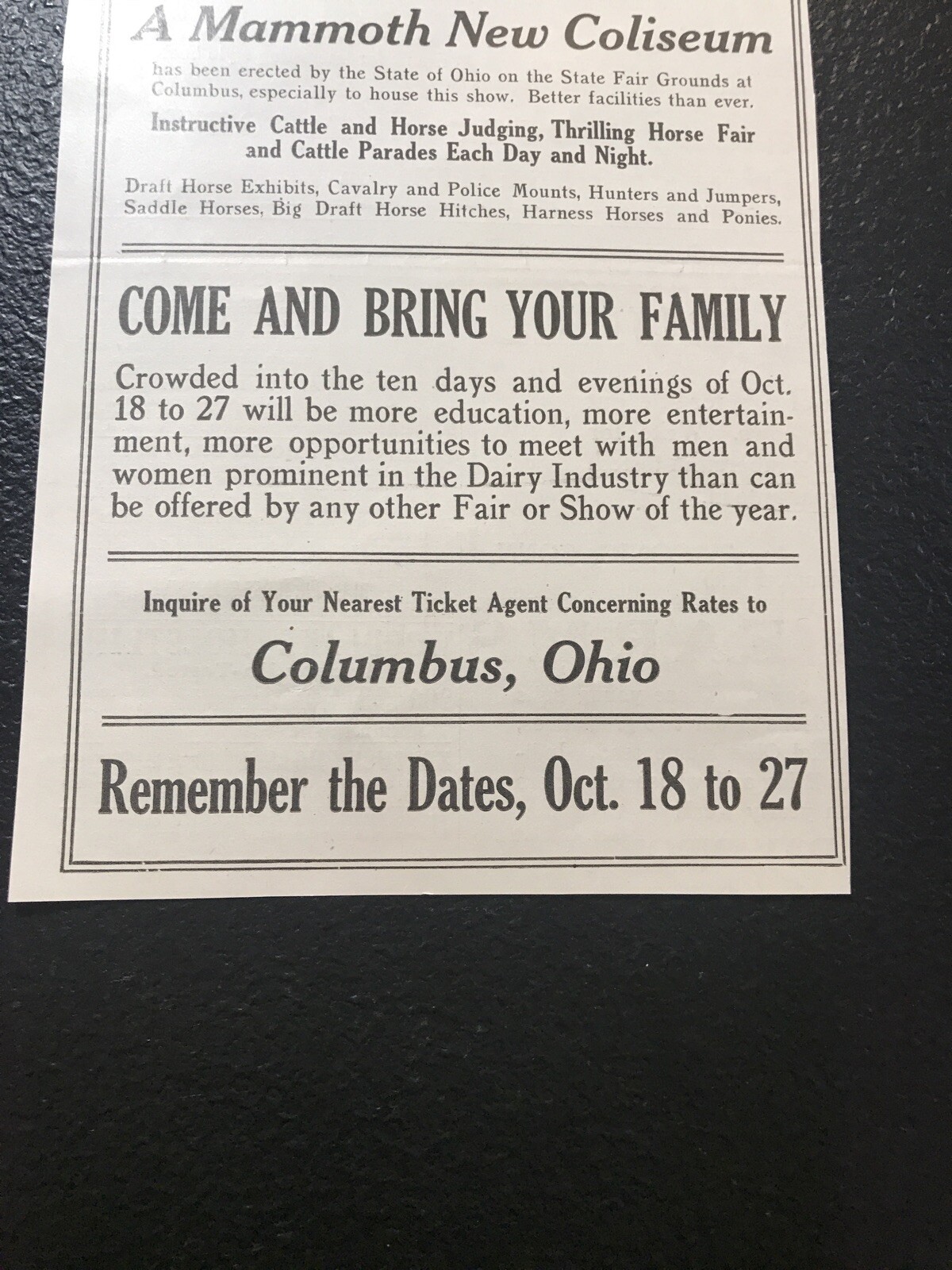 1917 National Dairy Show Advertising – Cattle & Horse – Columbus – Ohio – Cow