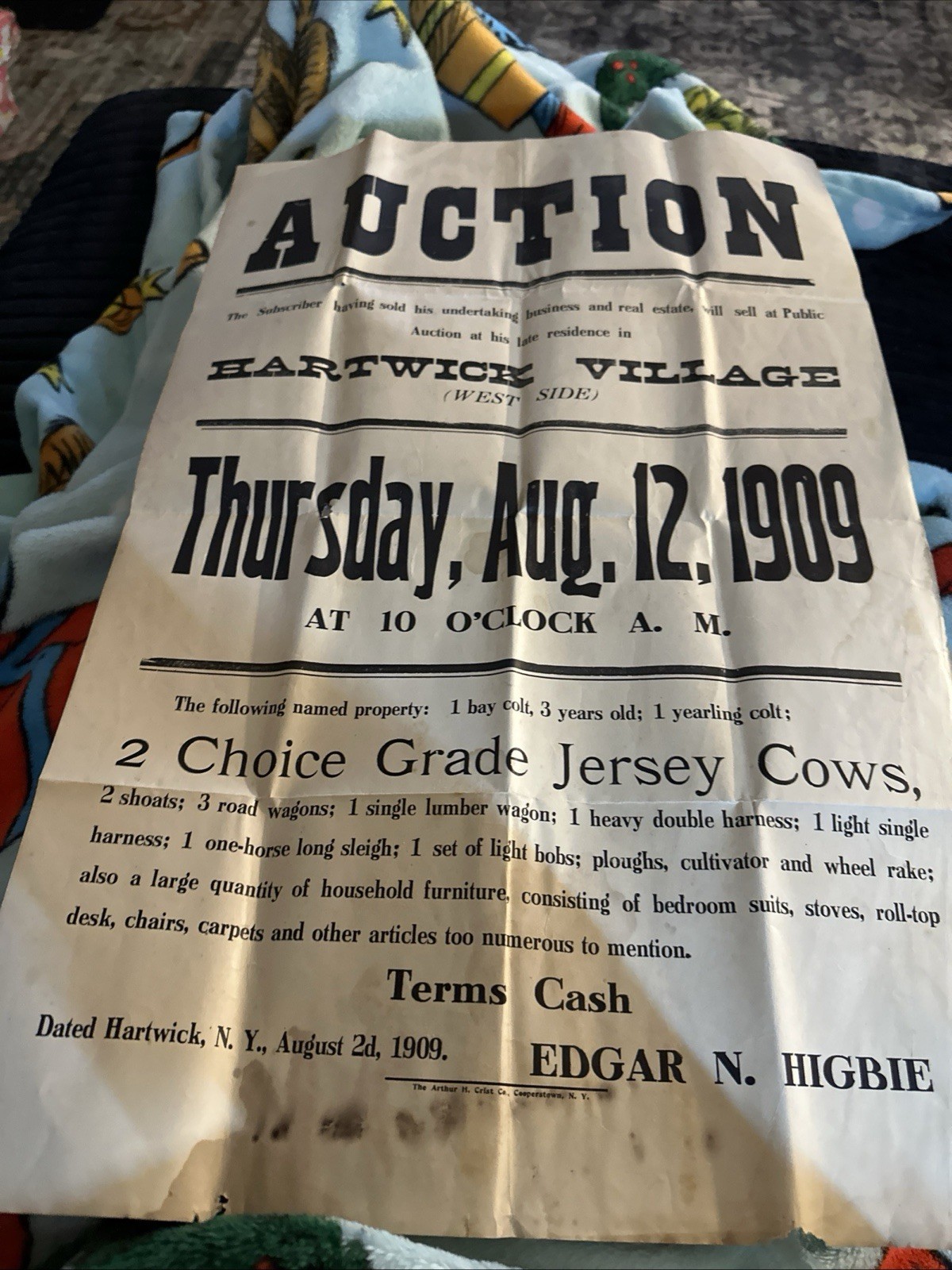 Auction Hartwick Village Public Sale 1909 Horses, Wagons, Sleigh, House Stuff