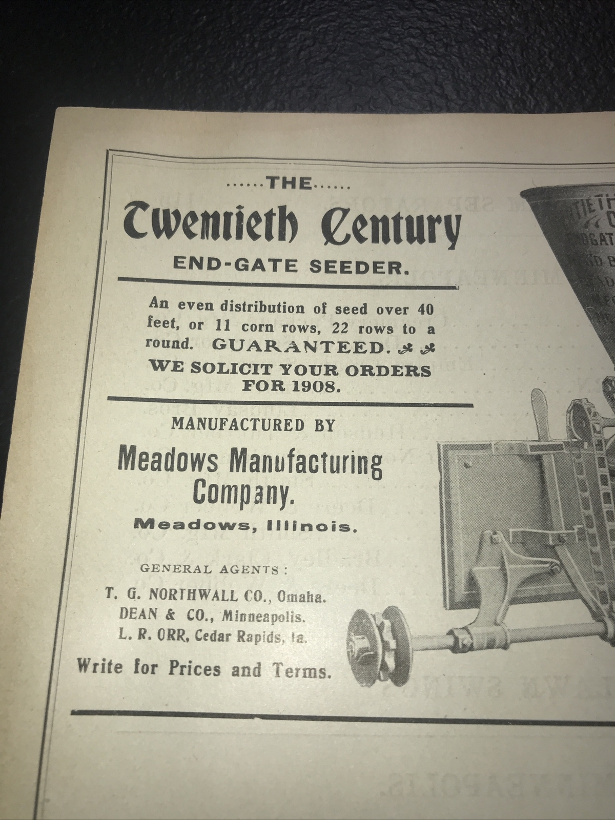 1908 Twentieth Century Seeder Farm Advertising – Meadows – Illinois