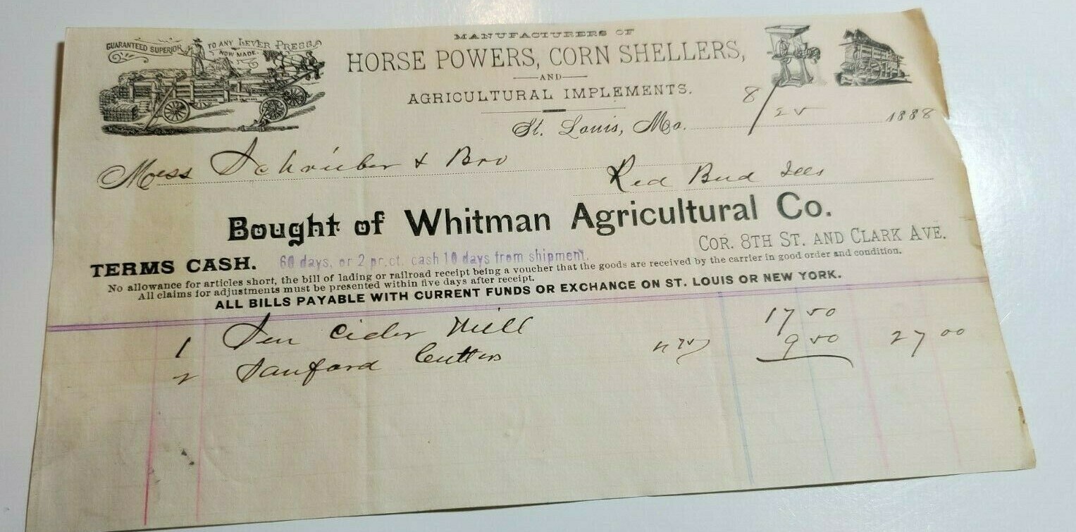 FARM IMPLEMENTS LETTERHEAD BILLHEAD WHITMAN AGRICULTURAL CO. Horse Corn Sheller