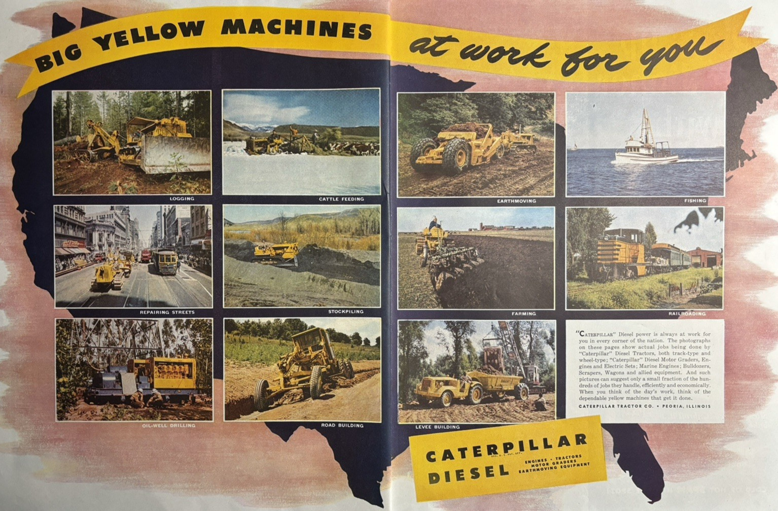 Caterpillar Tractor Co Peoria Diesel Engines Big Yellow Machines VTG Ad 1948