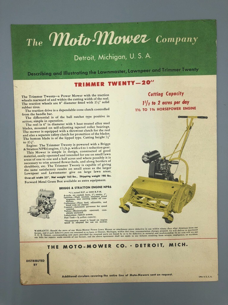 1940s MOTO-MOWER Green LAWN MOWER Vintage ADVERTISING Brochure BRIGGS & STRATTON