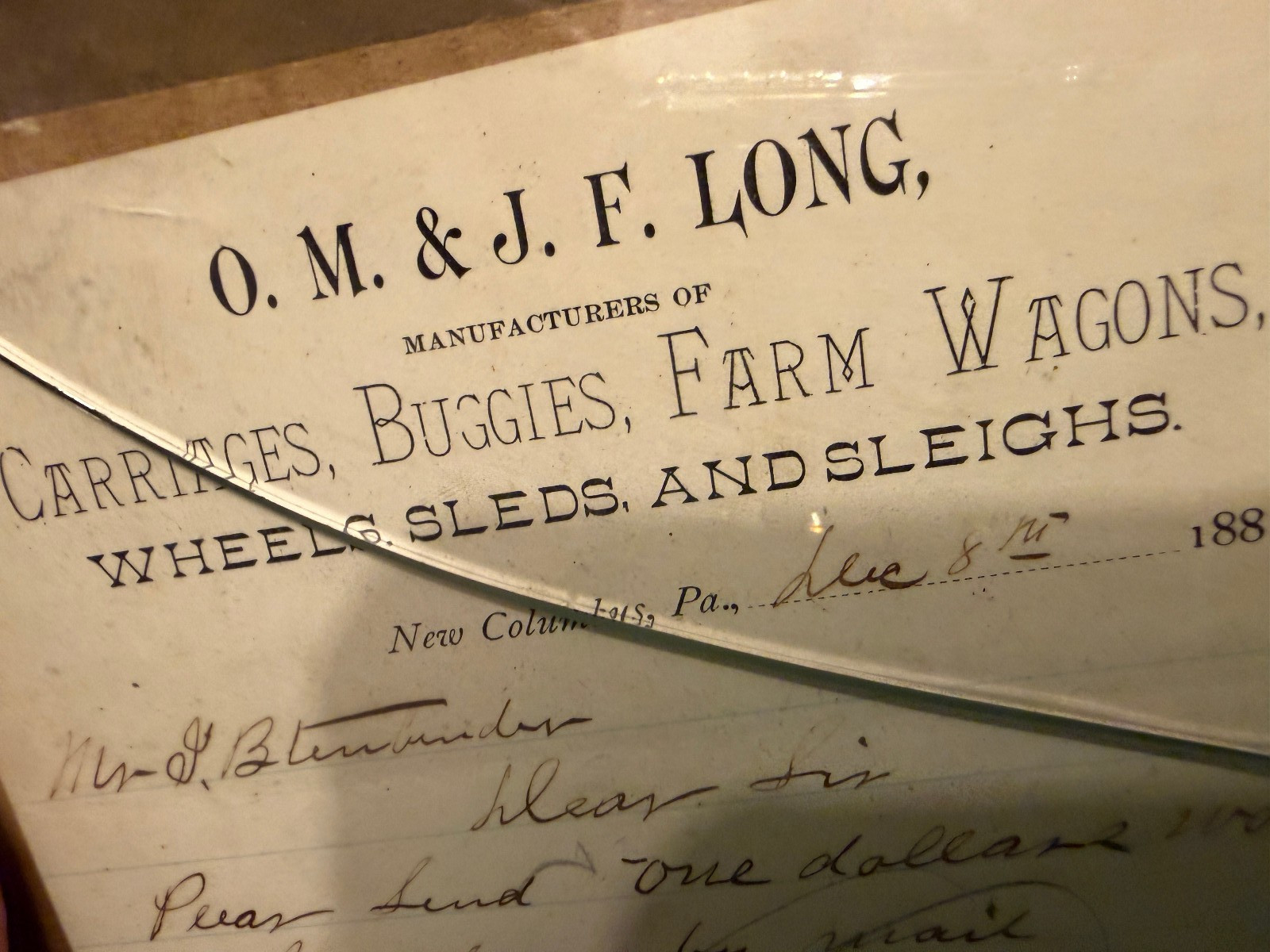 O.M. & J.F. Long Farm wagons buggies New Columbia, Pa. `1884 repair recite adv.