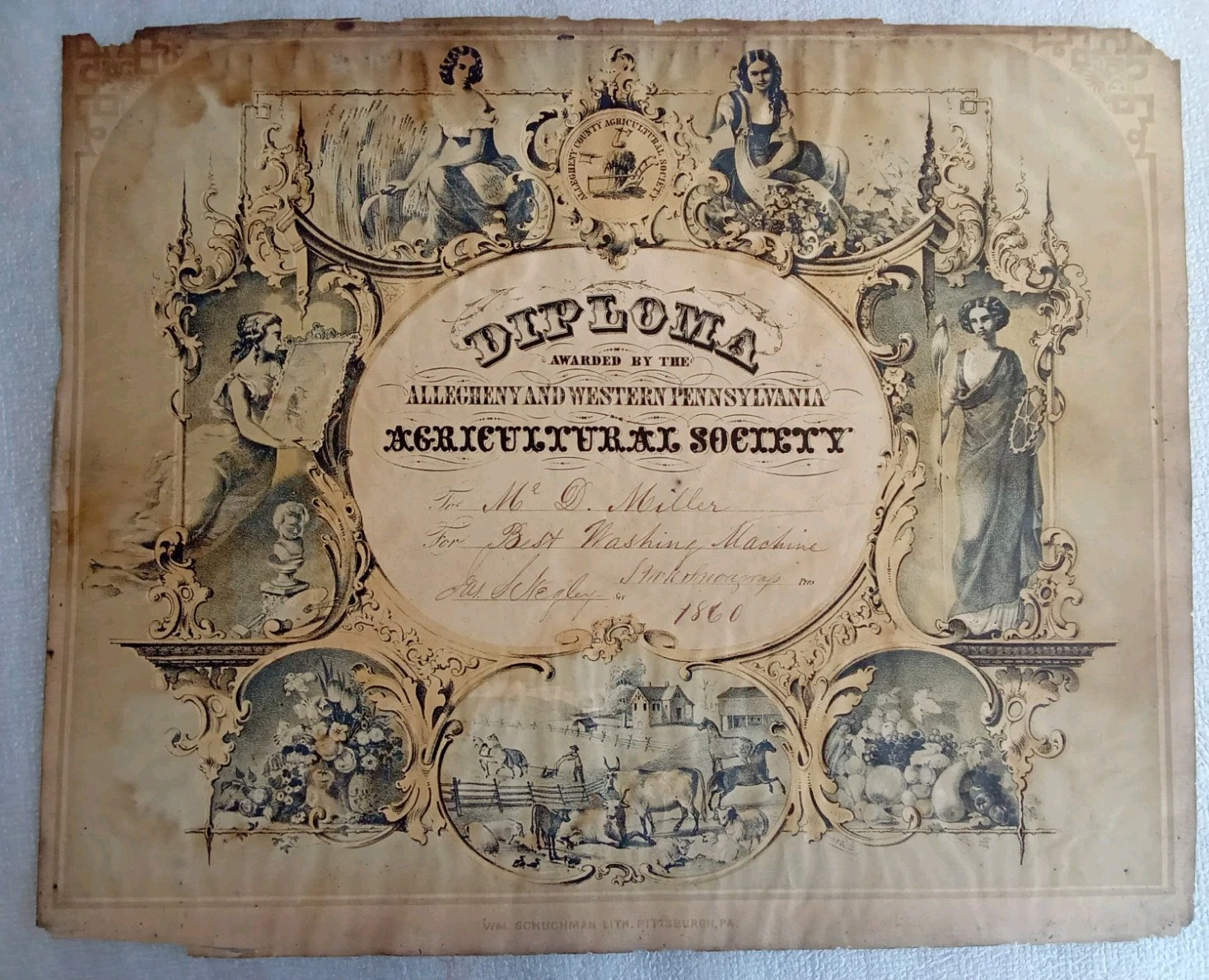 ANTIQUE 1860 ALLEGHENY PENNSYLVANIA AWARD BEST WASHING MACHINE AGRICULTURAL SOC.