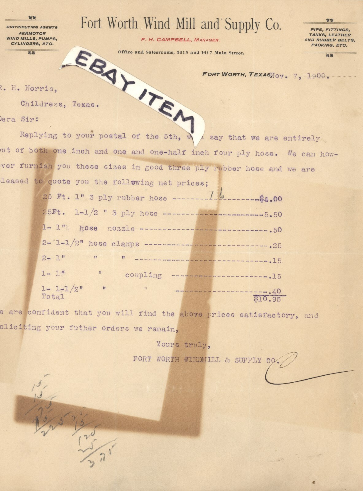 1900 F. H. CAMPBELL Mgr. FORT WORTH WIND MILL & SUPPLY COMPANY Texas LETTERHEAD