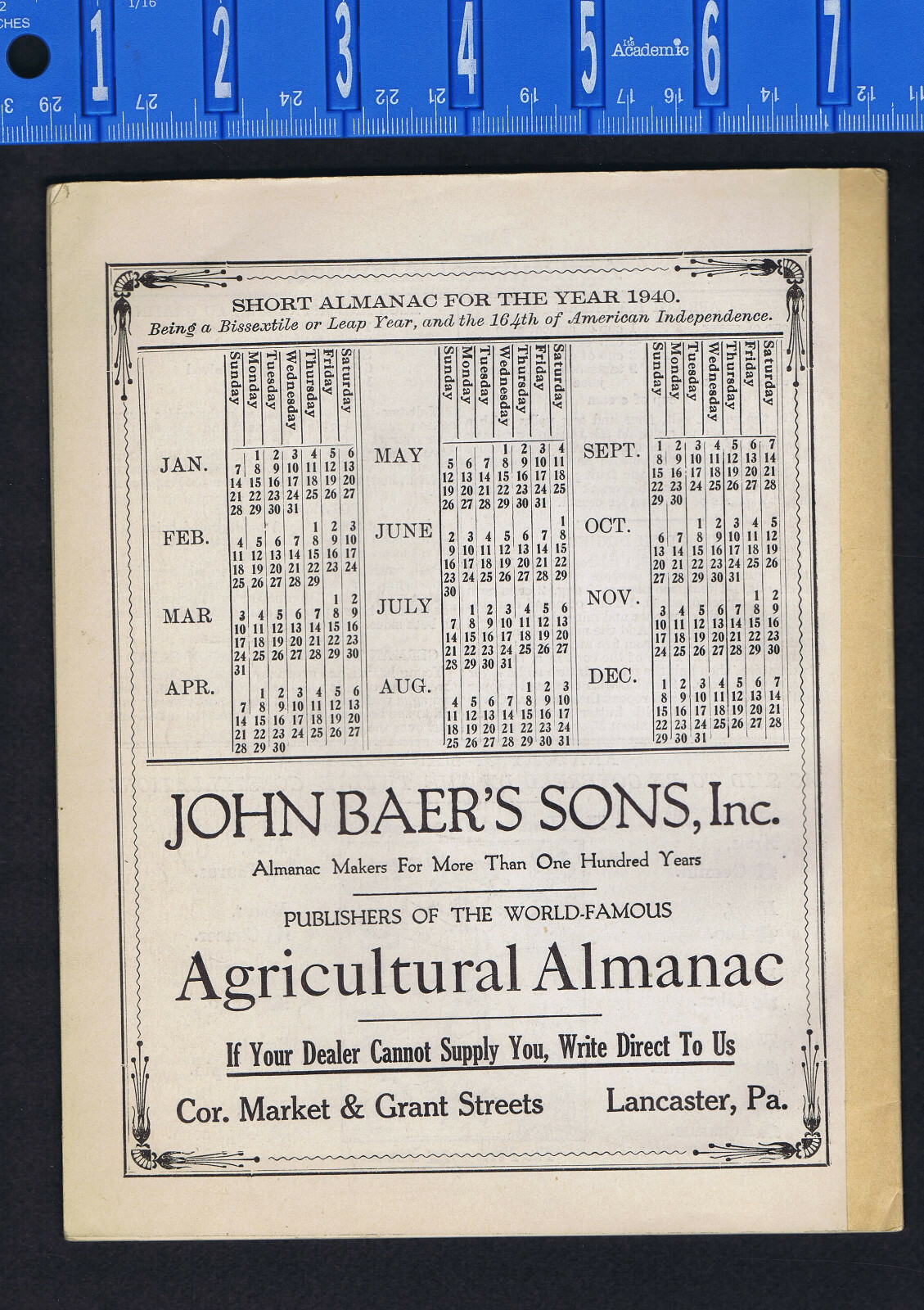 1940 John Baer’s Sons Agricultural Almanac Lancaster, PA – Vol 115