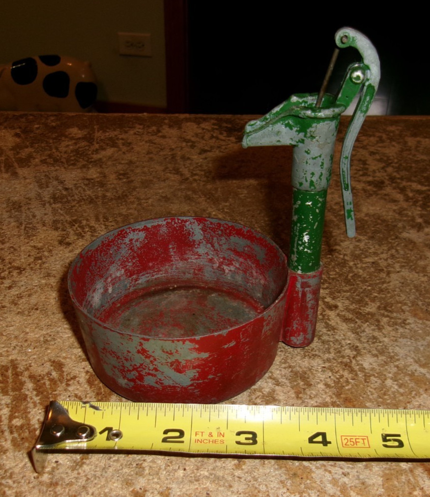 vintage metal water hand pump + tank toy in good shape used