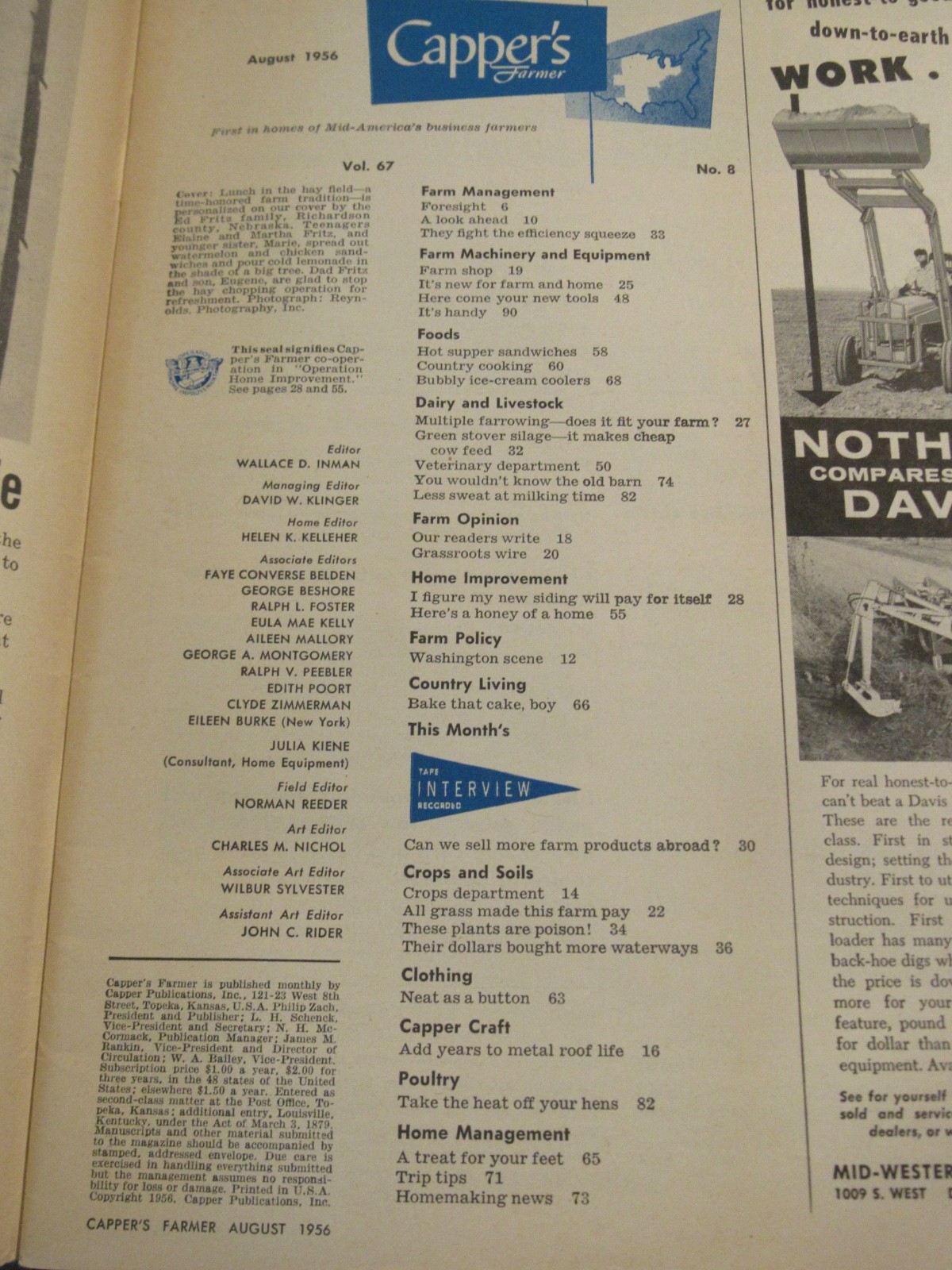 Vintage August 1956 Capper&rsquo;s Farmer Magazine Machinery & Equipment C632
