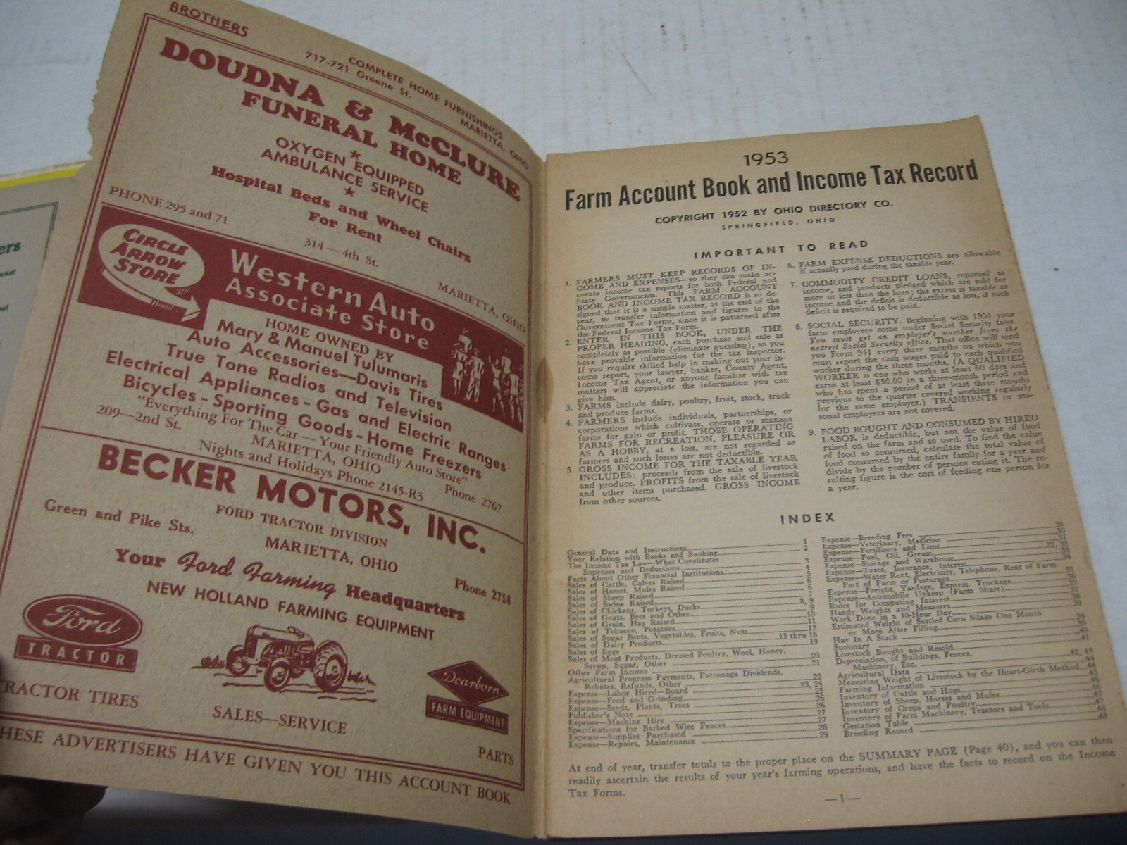 1953 Washington County Ohio Farm Account Book & Income Tax Record