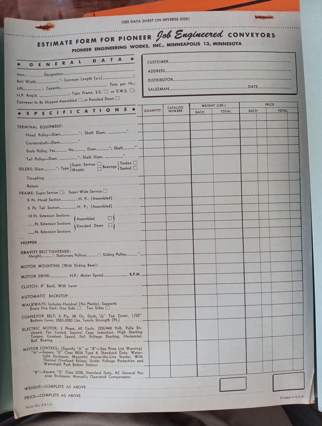 Pioneer Job-Engineered Conveyors Sales Book Handy Outline To Order