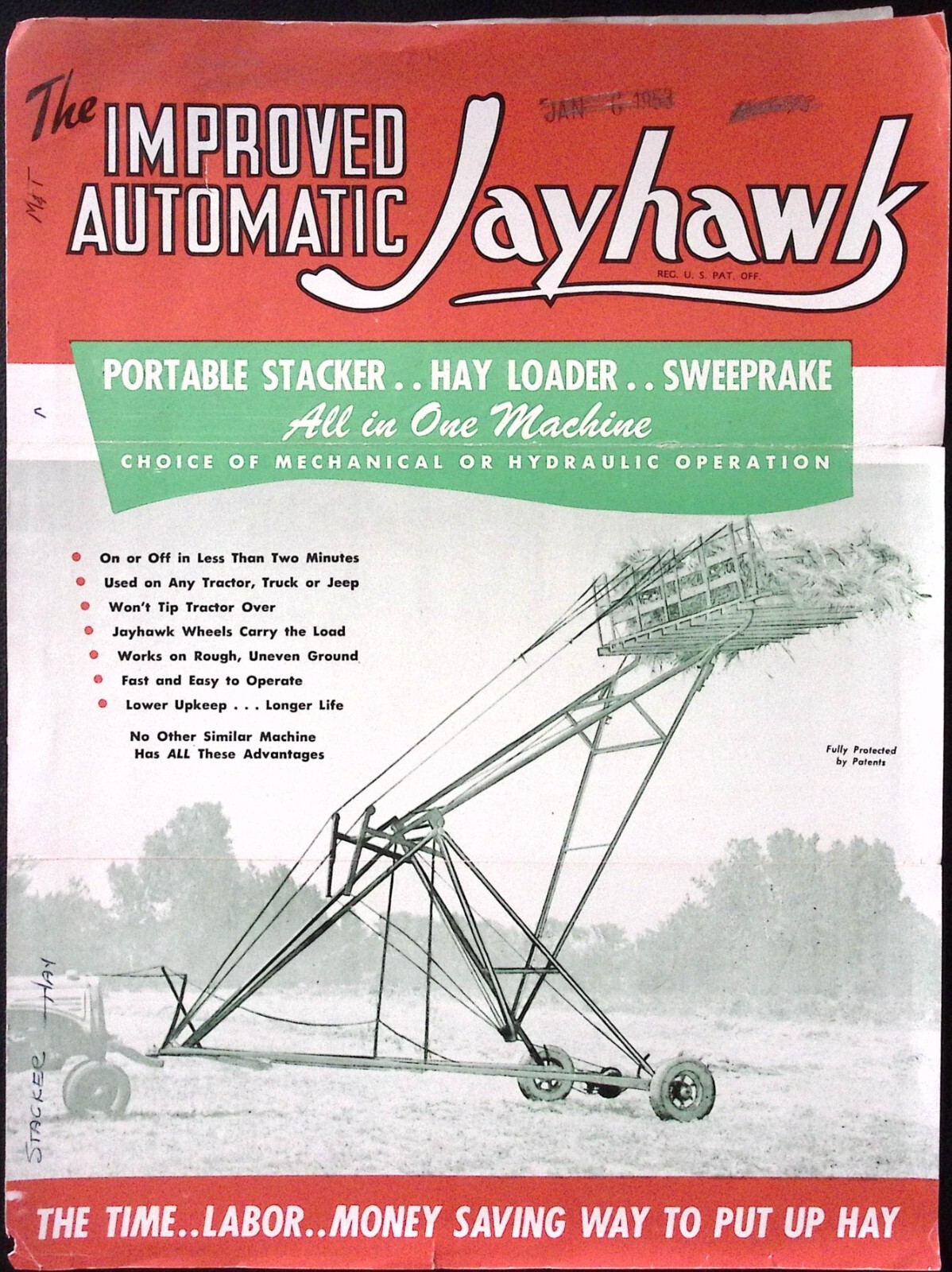 1953 Improved Automatic Jayhawk Portable Stacker Sweeprake Hay Loader Brochure