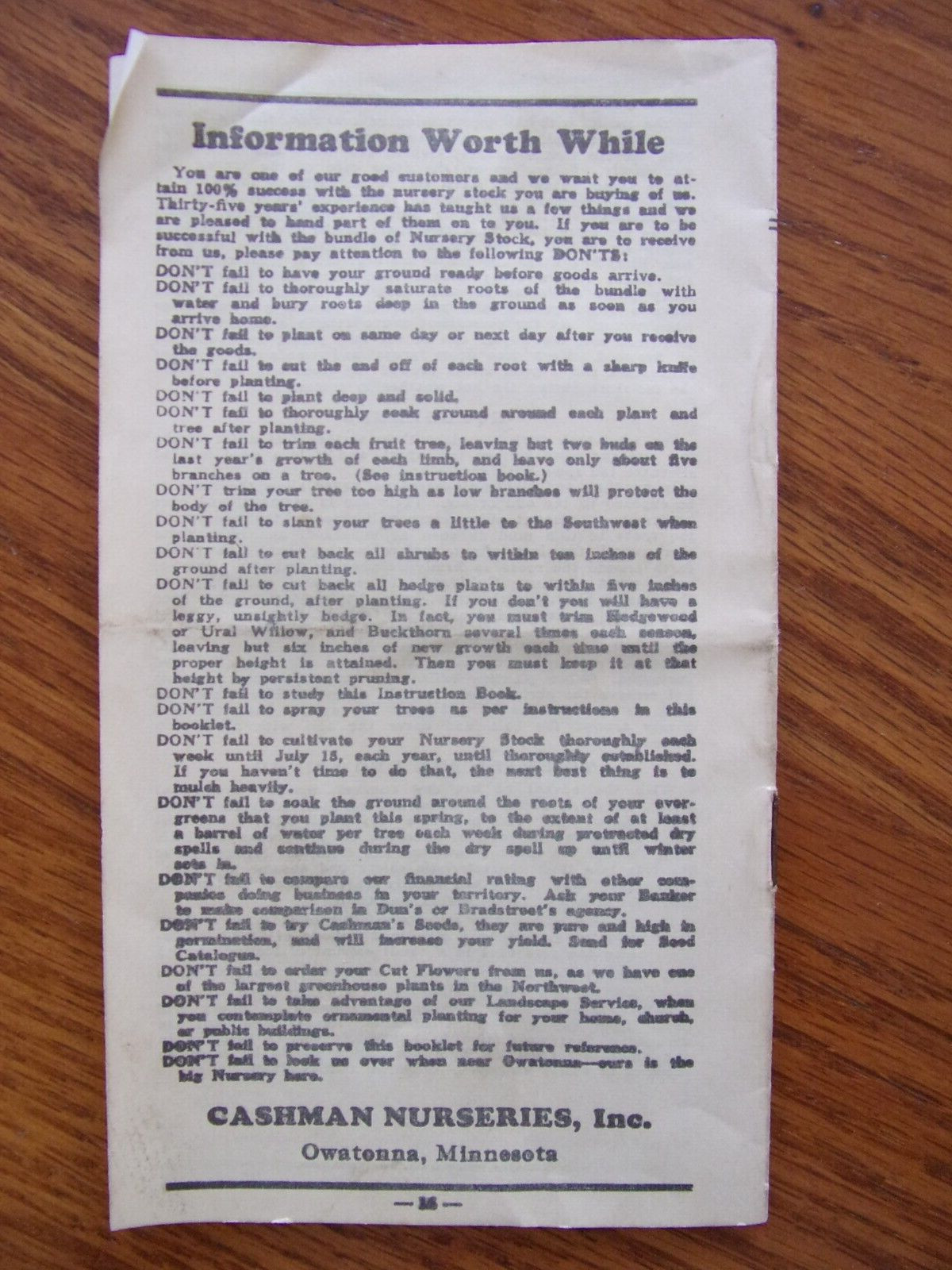 VINTAGE OWATONNA MINNESOTA CASHMAN NURSERIES PLANTING & CARE BROCHURE 1940&rsquo;S?
