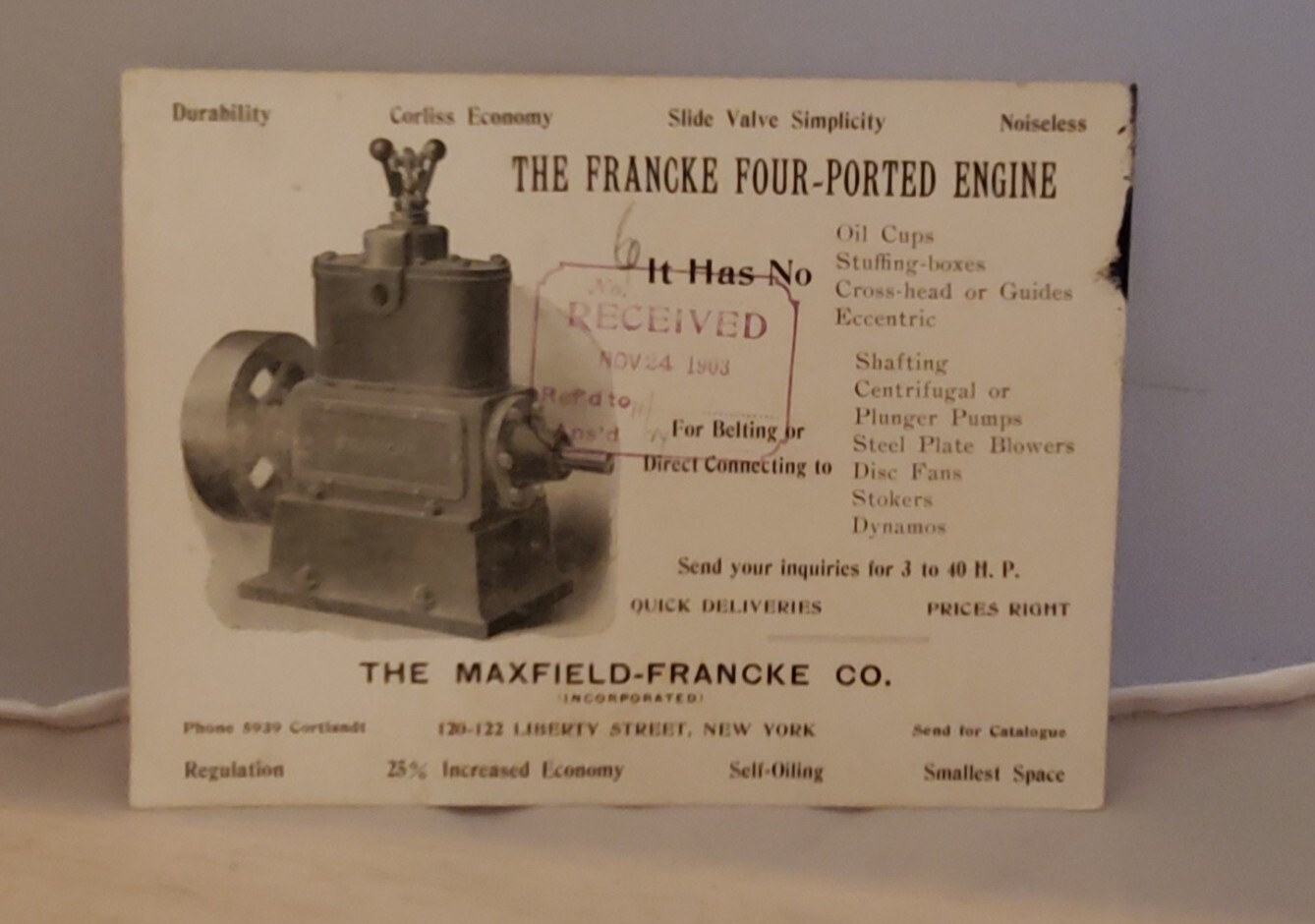 Graphic! 1903 Maxfield Francke Four Ported Steam Engine Advertising Mailing Card