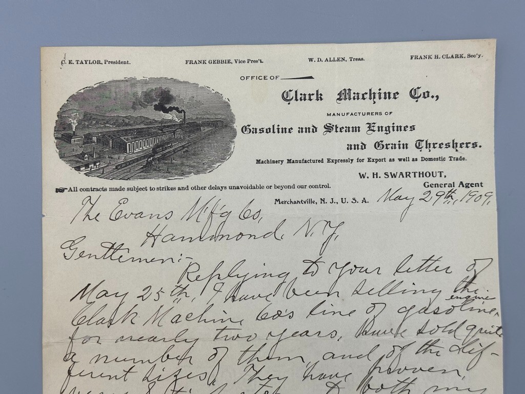 1909 CLARK Thresher STEAM ENGINE Railroad Farm Advertising Letterhead Antique