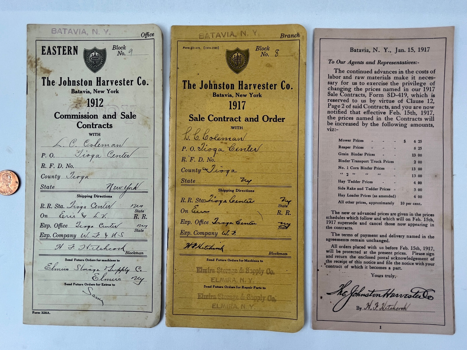 1912 &rsquo;17 3-Johnston Harvester Co Price List & Commission & Sale Contracts