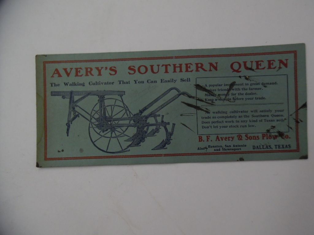 c.1910 B.F. Avery Plow Co. Southern Queen Cultivator Ad Ink Blotter Dallas Texas