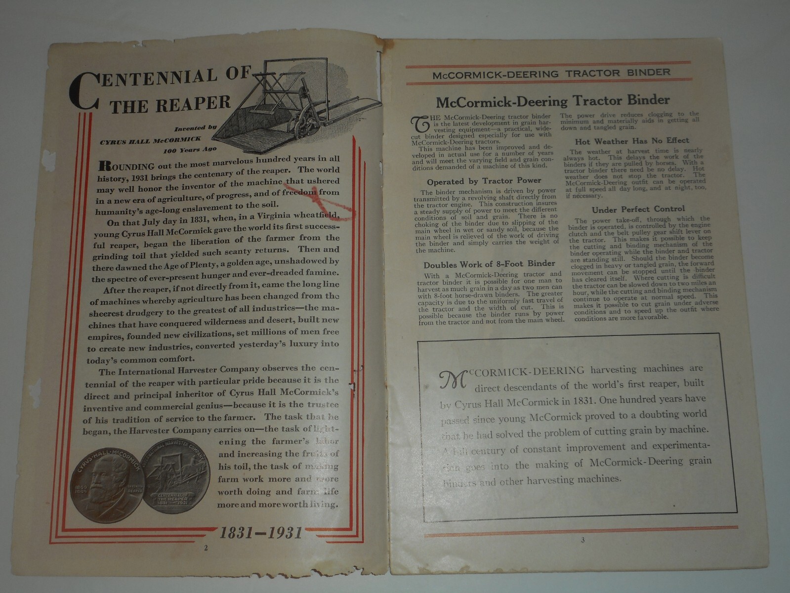 IH MCCORMIC DEERING REAPER CENTENNIAL 1831-1931 Grain Binders Sales Brochure