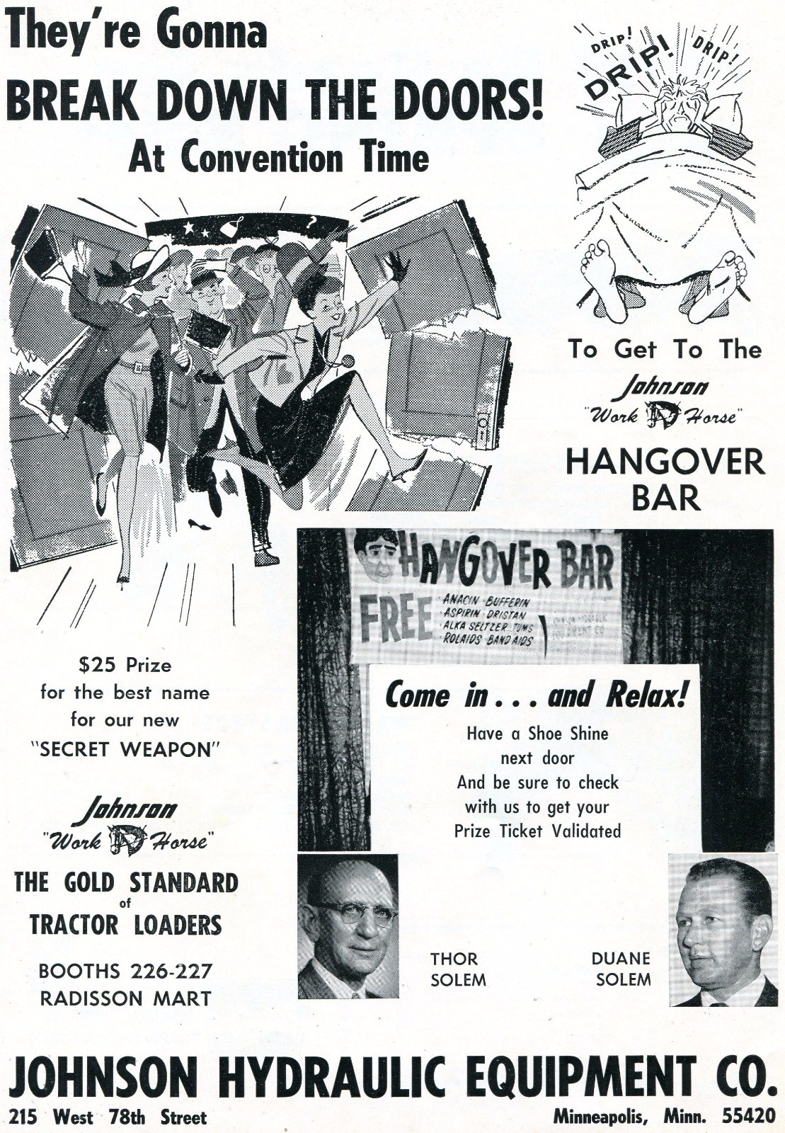 1970 Dealer Print Ad of Johnson Hydraulic Equipment Convention Hangover Bar