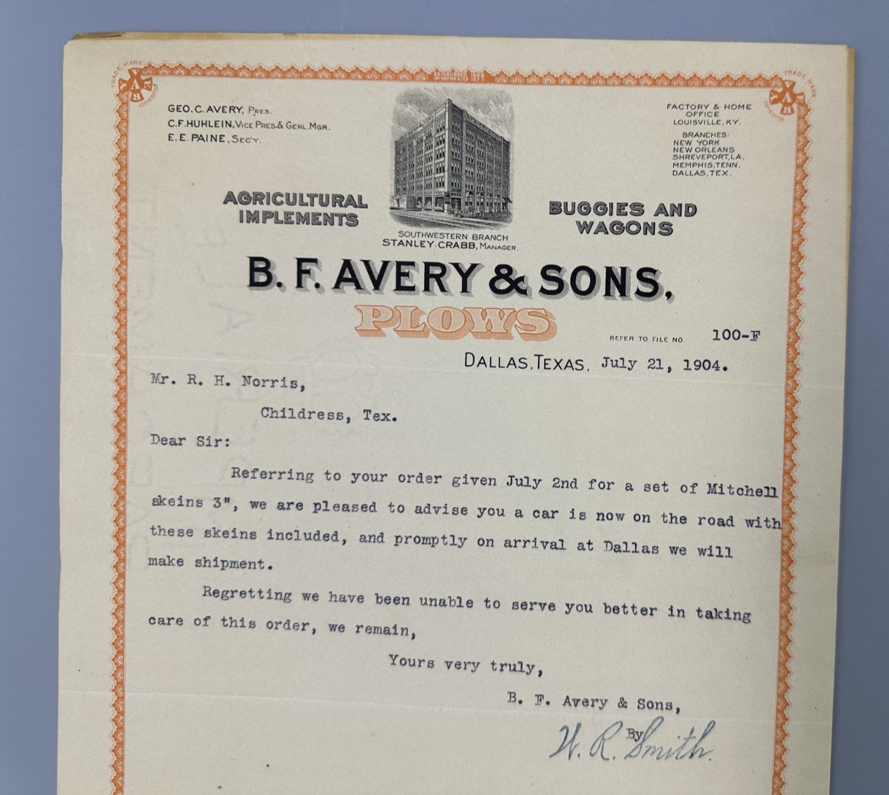 1904 B F AVERY & Sons PLOWS Letter DALLAS Texas FARM Advertising Receipt Antique