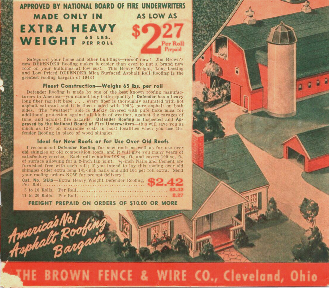 1943 Print Ad DEFENDER ASPHALT ROLL ROOFING 9.5&Prime; x 6.5&Prime; Jim Brown product