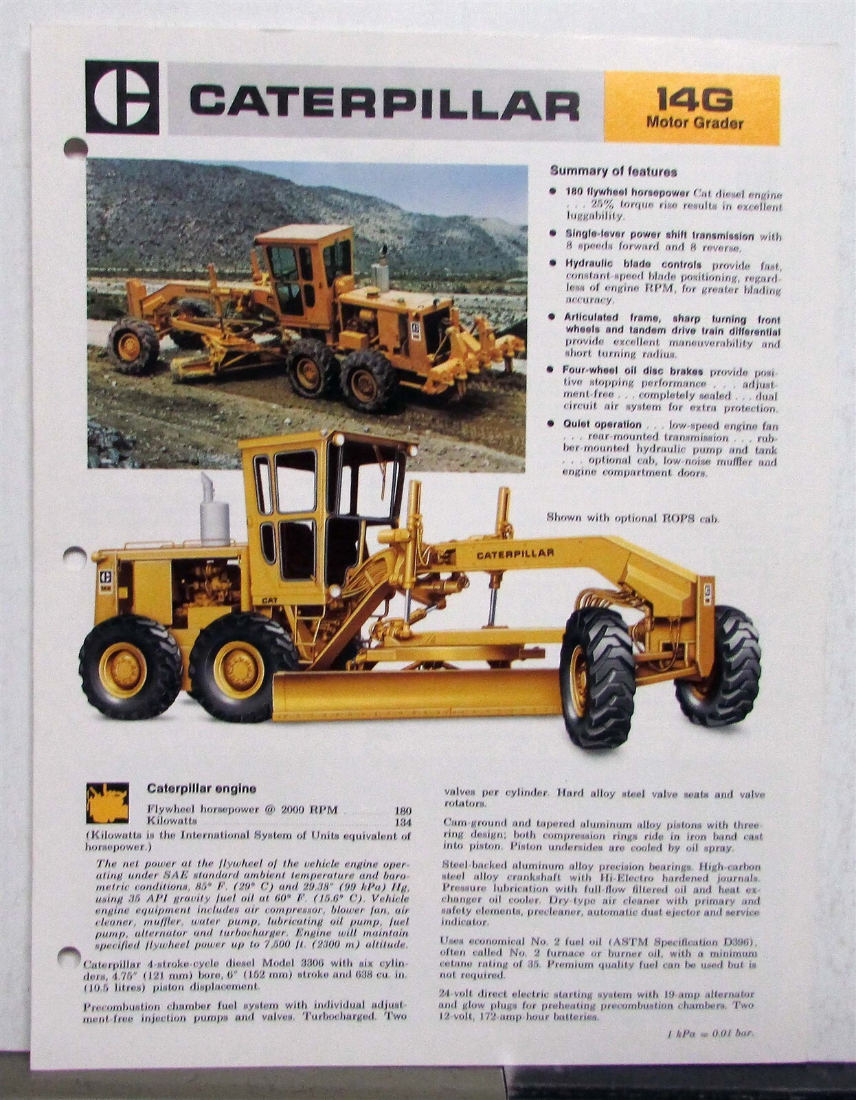 1975 CAT No 14G Road Motor Grader Construction Specifications Sales Tri-Folder