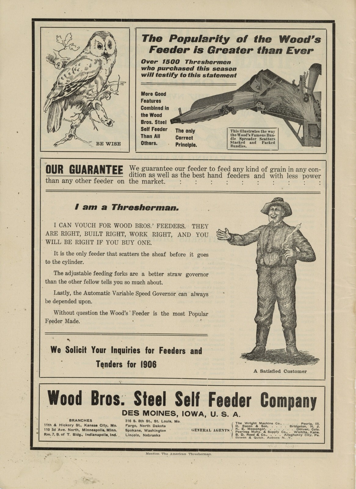 1905 Wood Brothers Steel Self Feeder Co. Ad: Bundle Spreader -Be Wise, Owl Theme