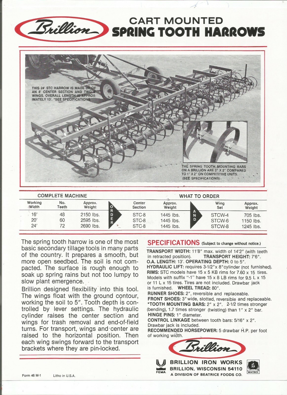 Original OEM Brillion Cart Mounted Spring Tooth Harrows Sales Brochure No. 46 M1