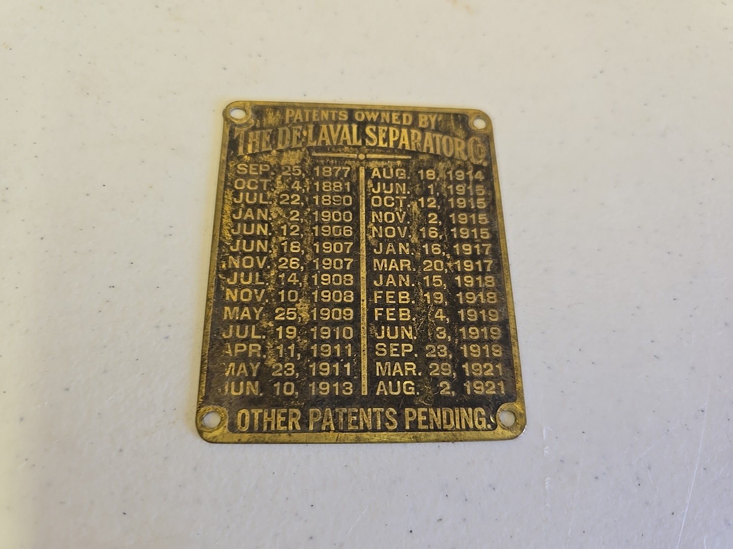 Antique De Laval Seperator Co Advertising 1921 Brass Patent List Badge Emblem
