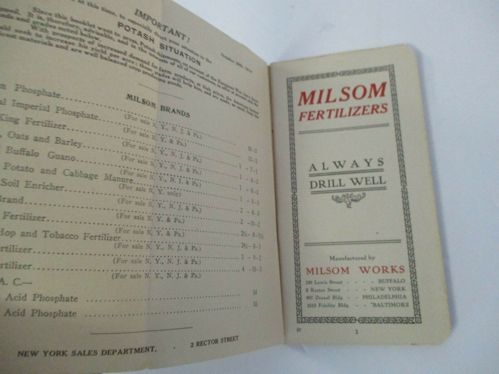 MILSOM FERTILIZERS Advertising Memo Booklet, 1914