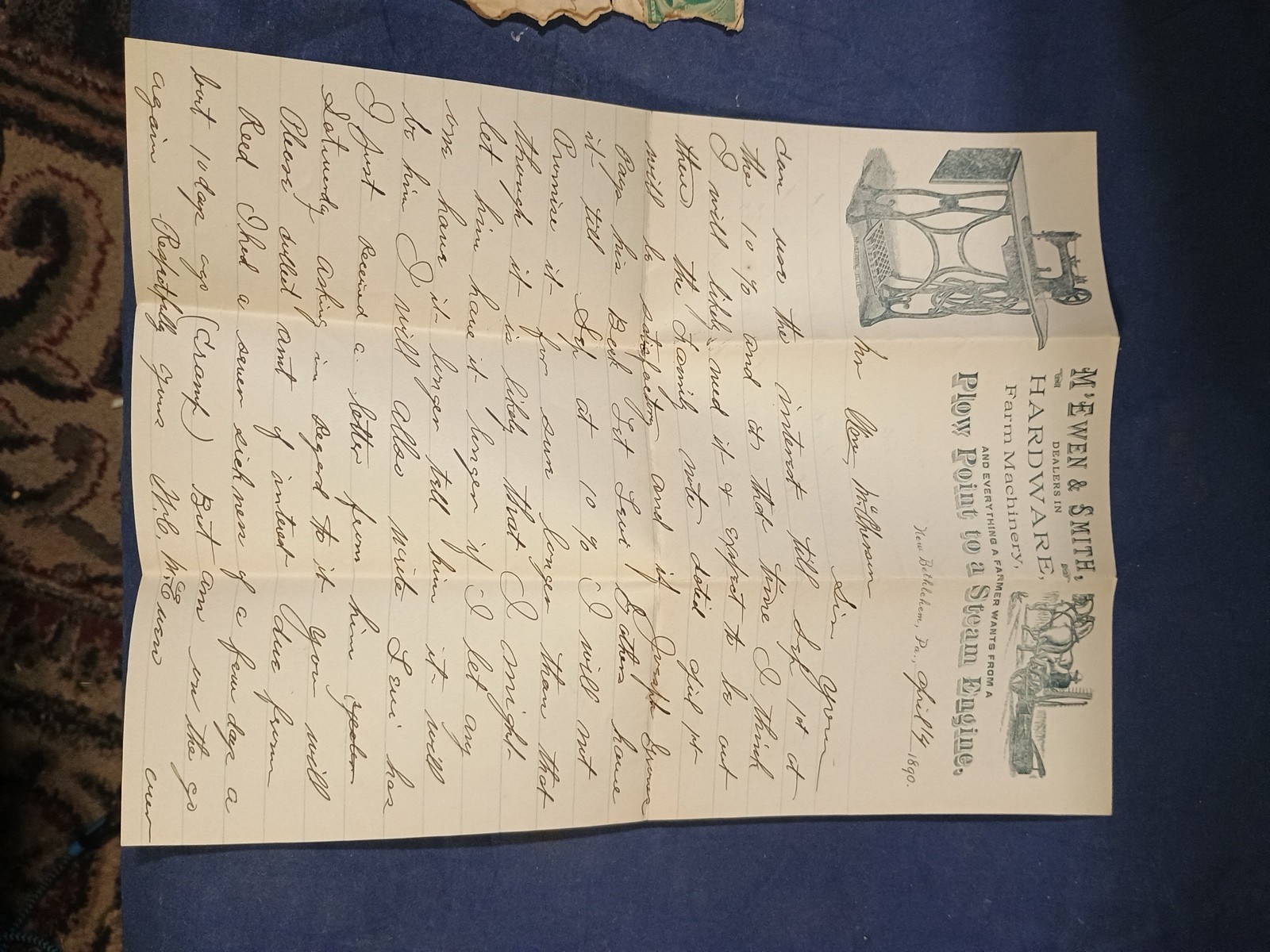 Vintage 1890 M&rsquo;EMEN & SMITH Farm Implements,Letter & Envelope