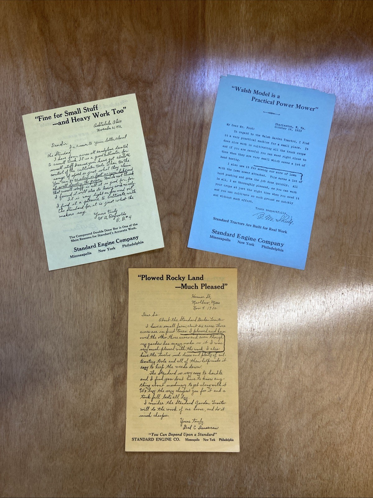 Vintage 1930s Standard Engine Co Garden Tractor Testimonial Brochure Set of 3