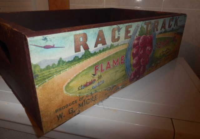RARE! Vint. Wd. Fruit Crate 2-SIDE PAPER LABELS »RACE TRACK FLAME TOKAY,Lodi,CA. »