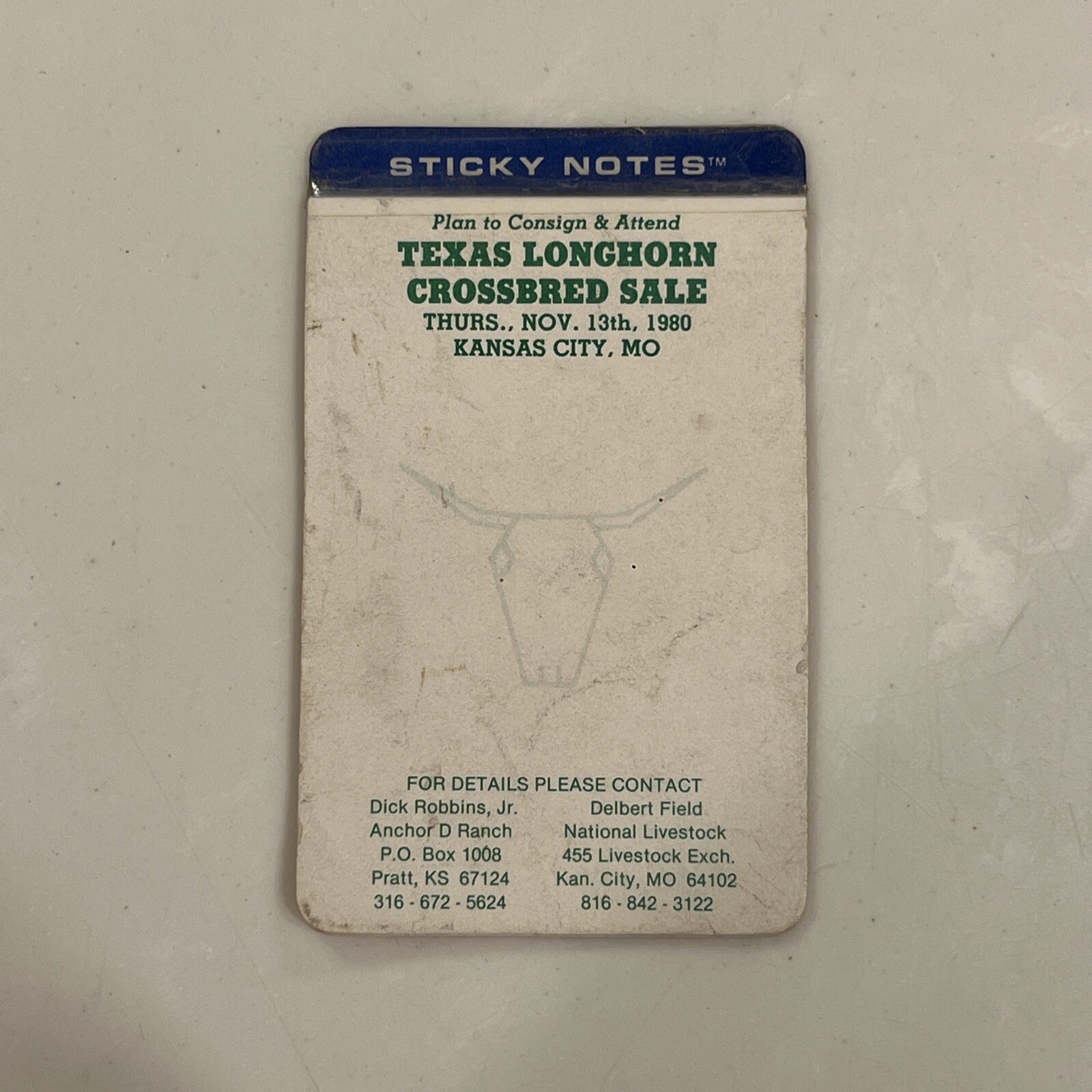 Texas Longhorn Crossbred Sale Kansas City Montana 1980 Sticky Note Advertisement