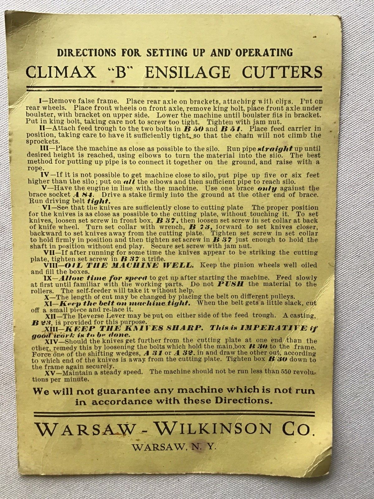 Vintage Cardboard Directions For Climax « B » Warsaw-Wilkinson Ensilage Cutters