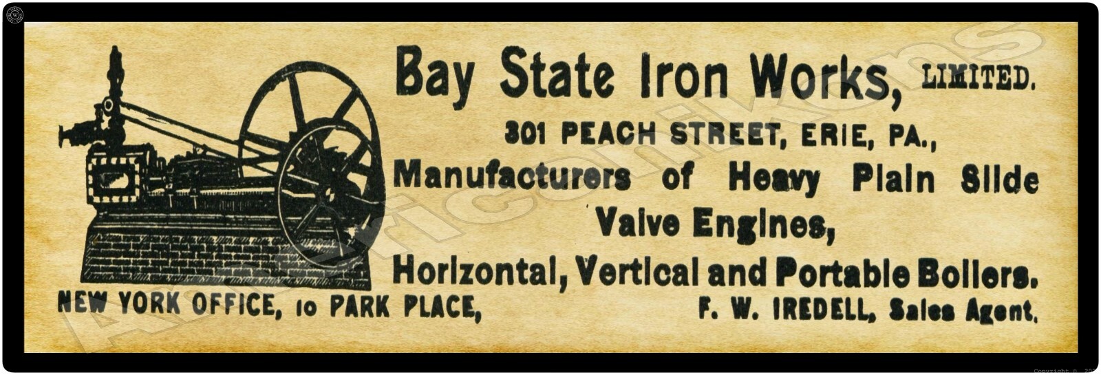 1895 Bay City Iron Works New Metal Sign: Valve Engines – Erie, Pennsylvania
