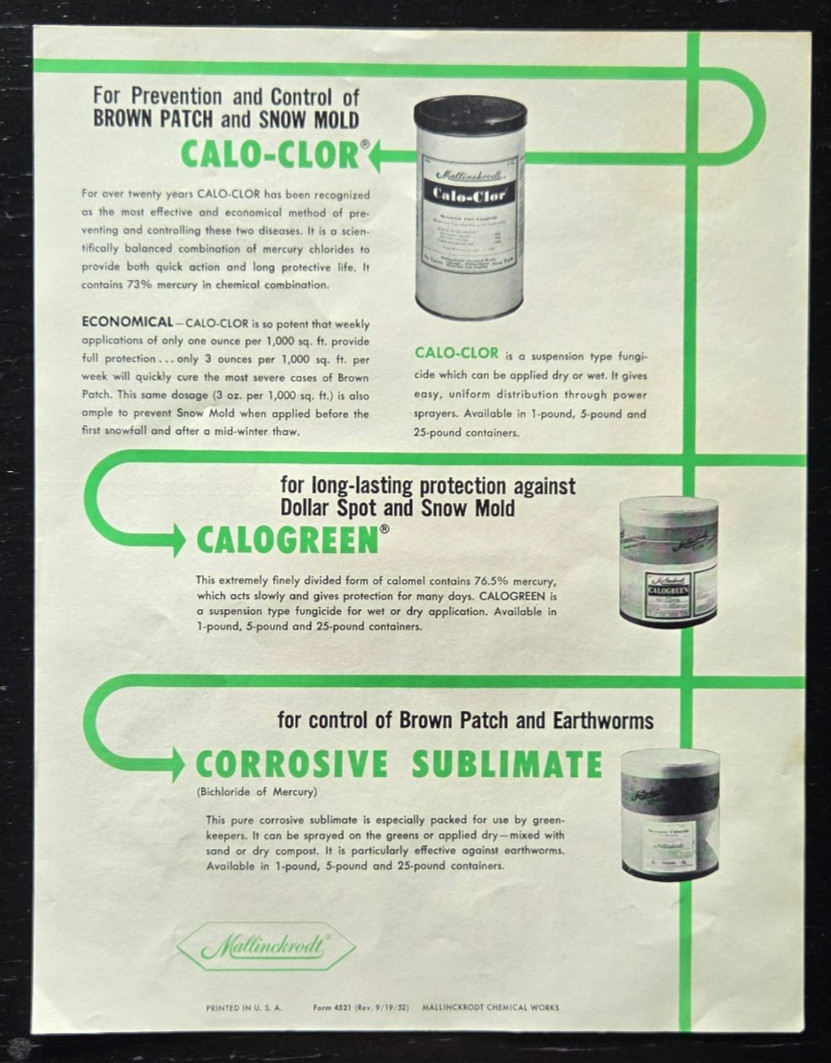 1952 MALLINCKRODT TURF DISEASE CHEMICAL COLOR SPEC SHEET ADVERTISEMENT ST. LOUIS