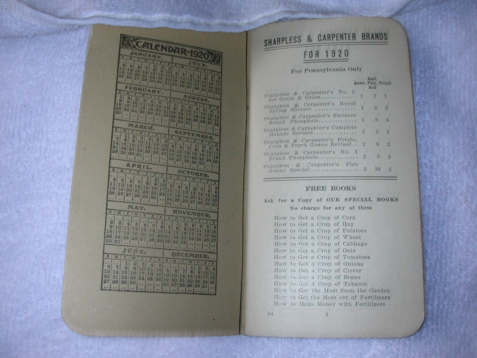 1920 Pocket Note Book Sharpless & Carpenter Fertilizers of E.R. Kloos, Agt.