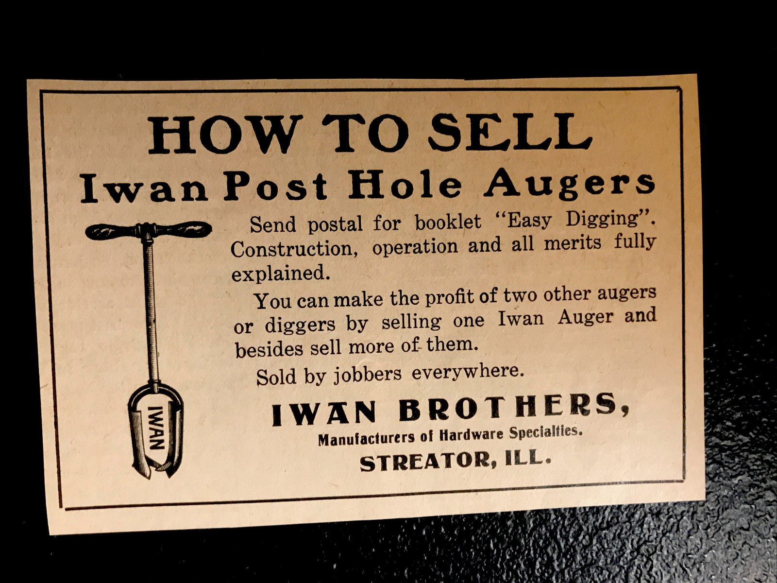 1907 Iwan Brothers Post Hole Augers Farm Advertising – Streator – Illinois