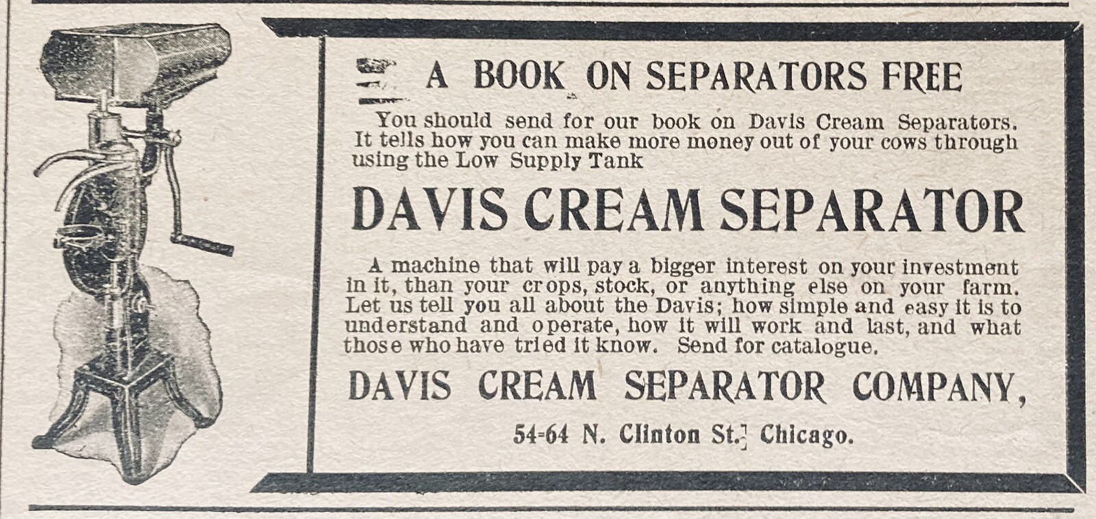 1905 AD.(XH28)~DAVIS CREAM SEPARATOR CO. CHICAGO. DAVIS CREAM SEPARATOR
