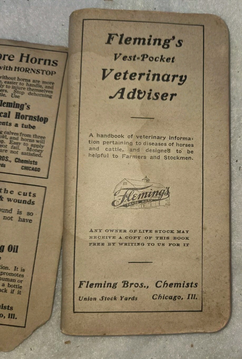 Fleming BROS Chemist Union Stockyard CHICAGO Vest Pocket Vet Adviser Book 1914