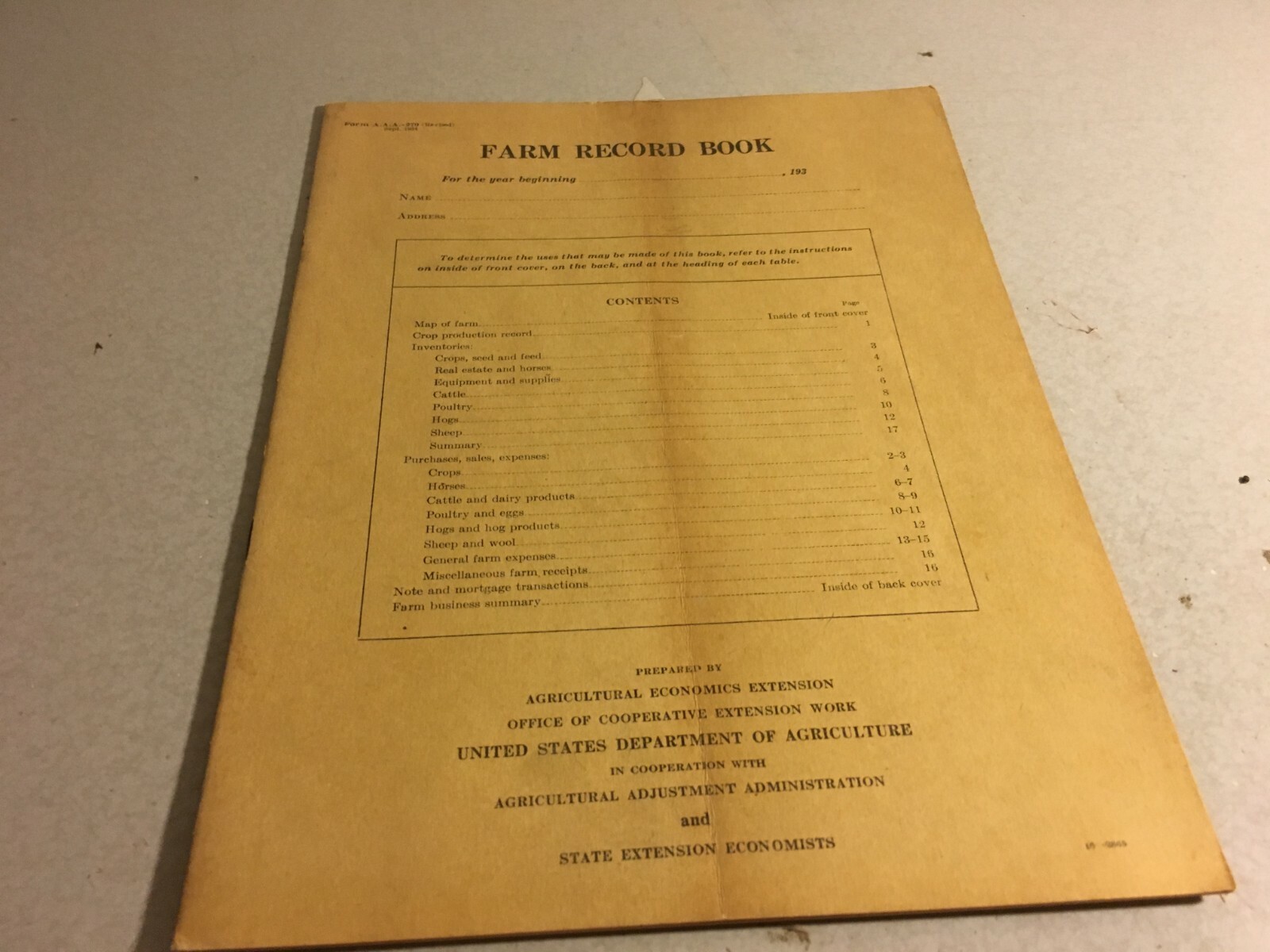 Vintage September 1934 Farm Record Book