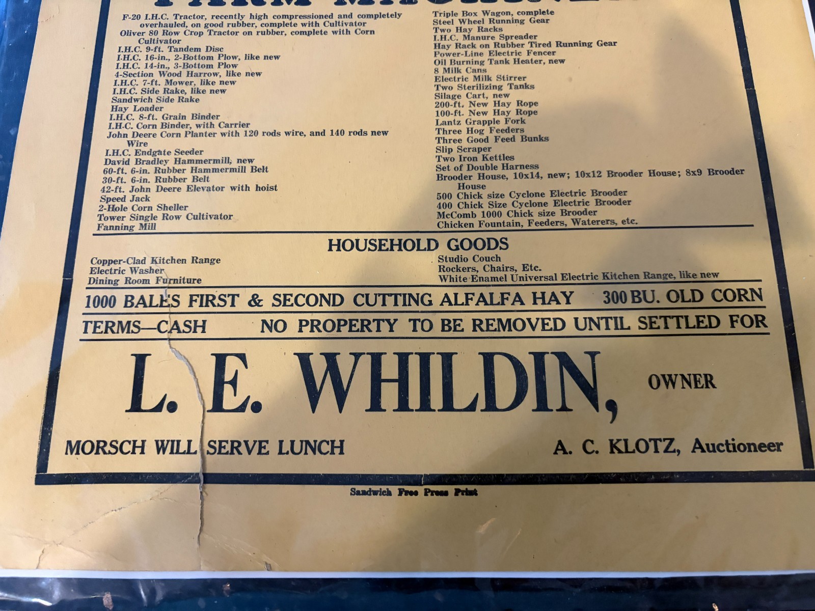 Vintage 1946 Sale Bill Public Auction Sign Paper Farm Machinery Cows Illinois