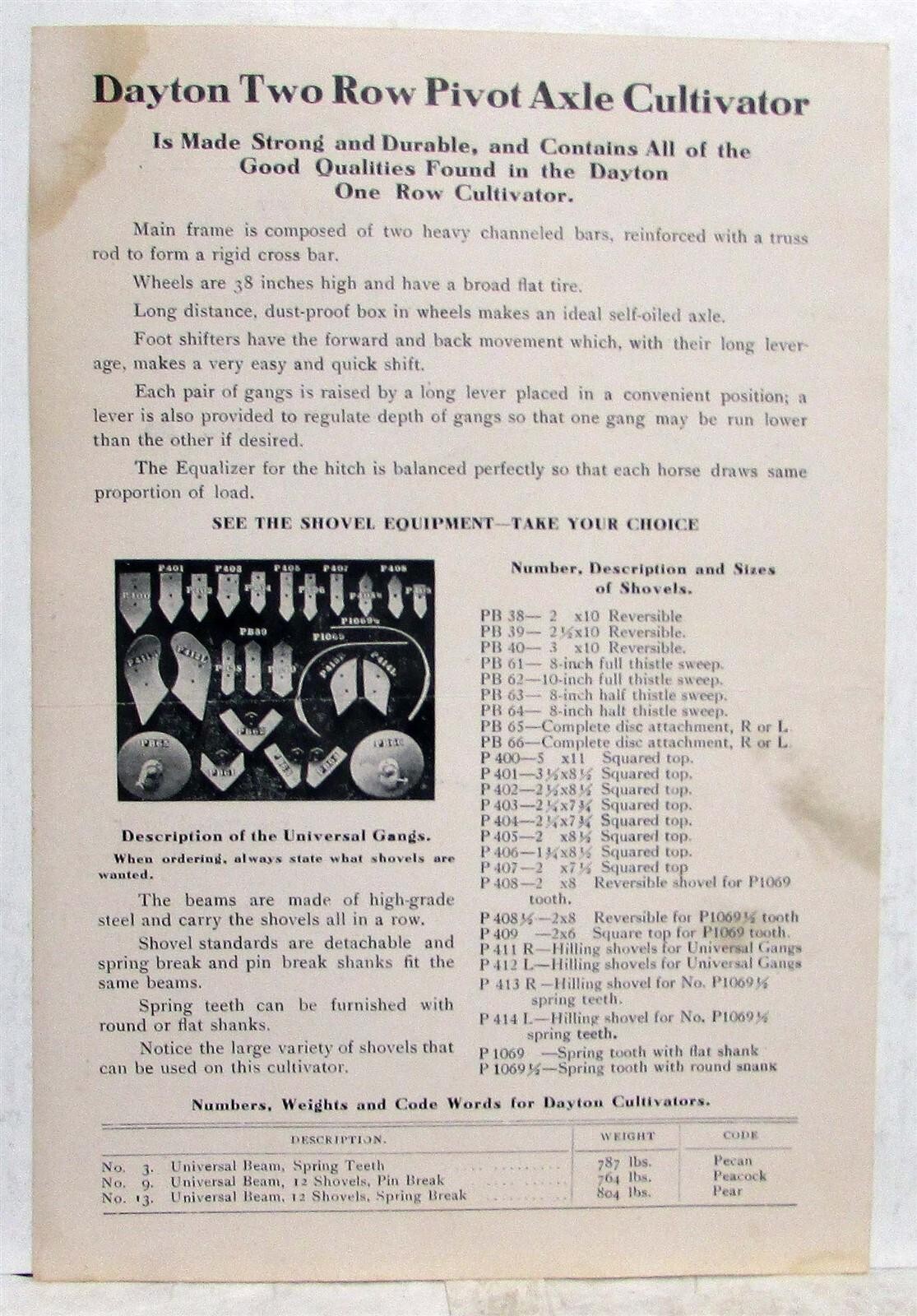 1910s Dayton Two Row Cultivator W/ Pivot Axle Shift Specs Farming Data Sheet