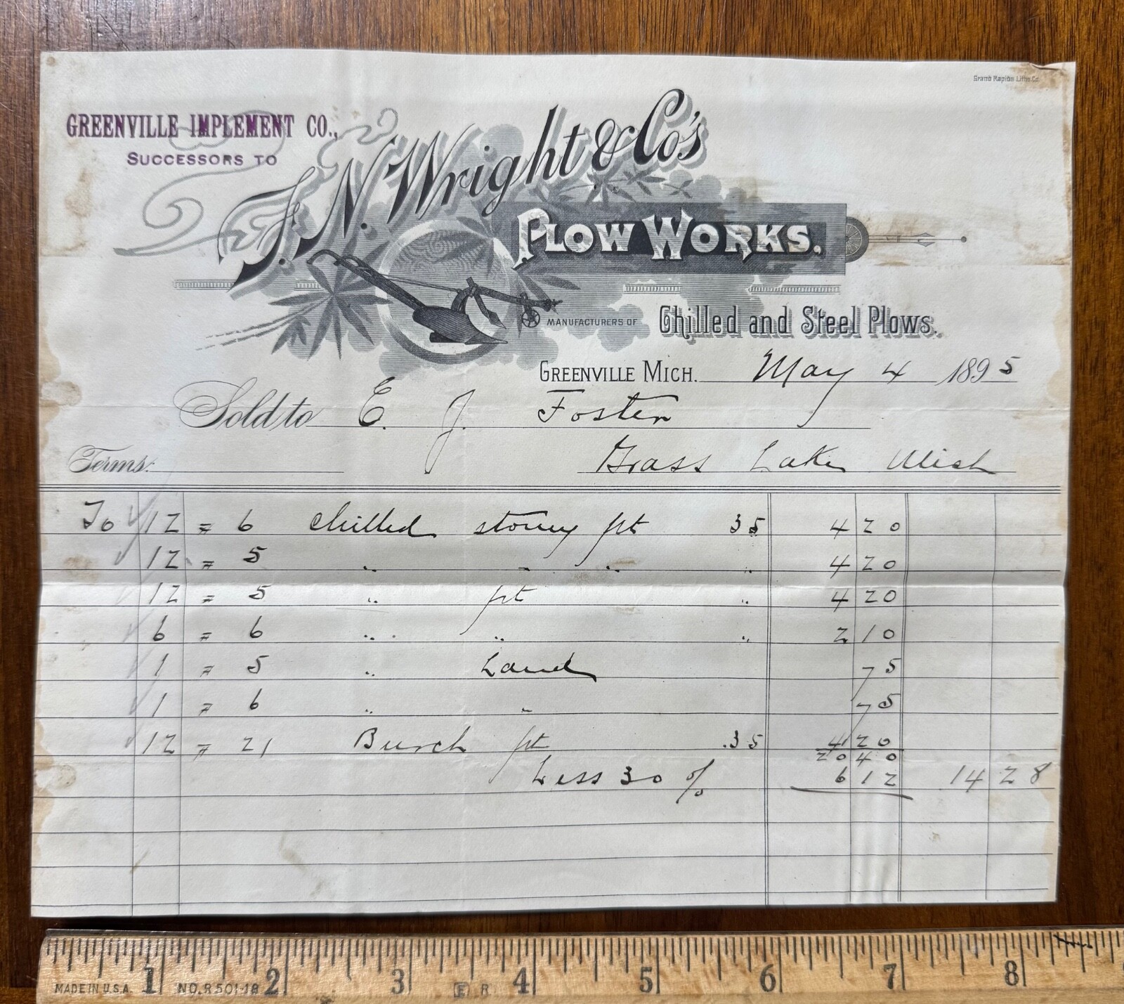 1895 graphic billhead FN Wright Plow Works farm implements Greenville MI